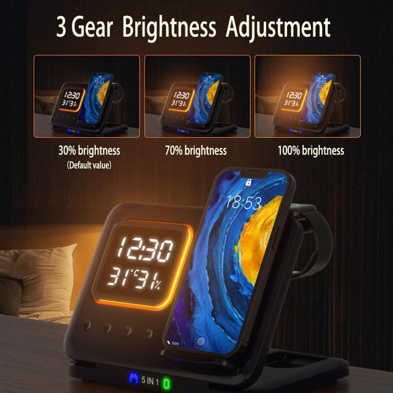 15W Fast Wireless Charger Stand 5-in-1 – LED Digital Alarm Clock, Qi-Certified Charging Dock for iPhone, Samsung, AirPods, Smartwatch – with Time, Temp & Humidity Display (Black/White) Innofuze
