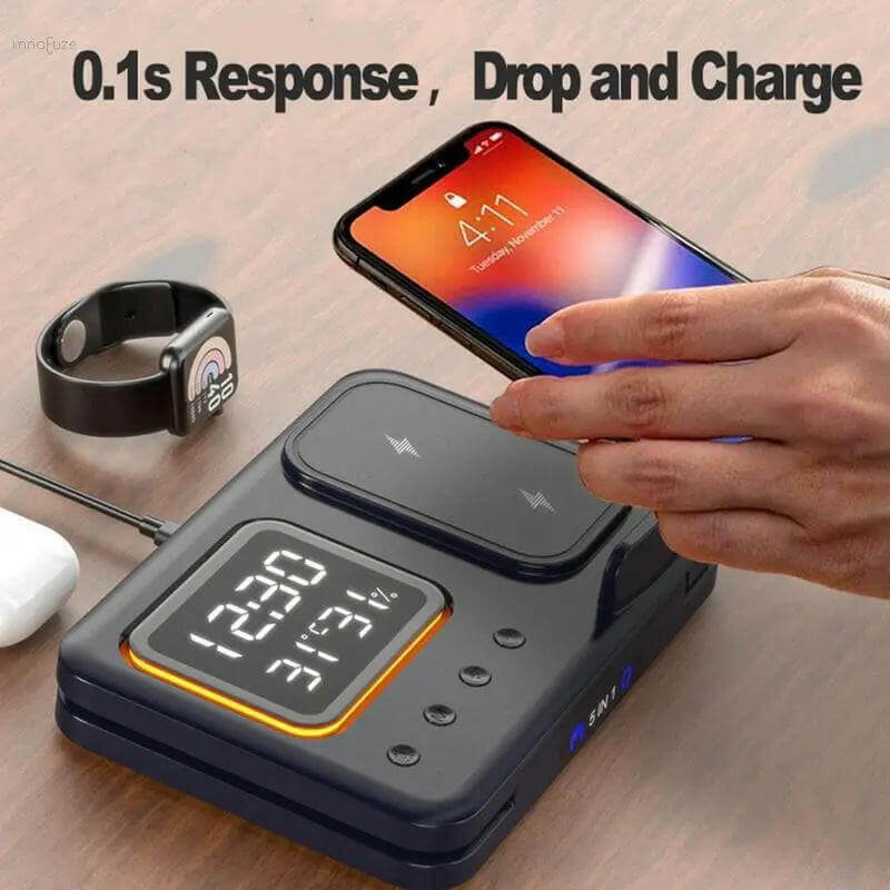 15W Fast Wireless Charger Stand 5-in-1 – LED Digital Alarm Clock, Qi-Certified Charging Dock for iPhone, Samsung, AirPods, Smartwatch – with Time, Temp & Humidity Display (Black/White) - Uncategorized,