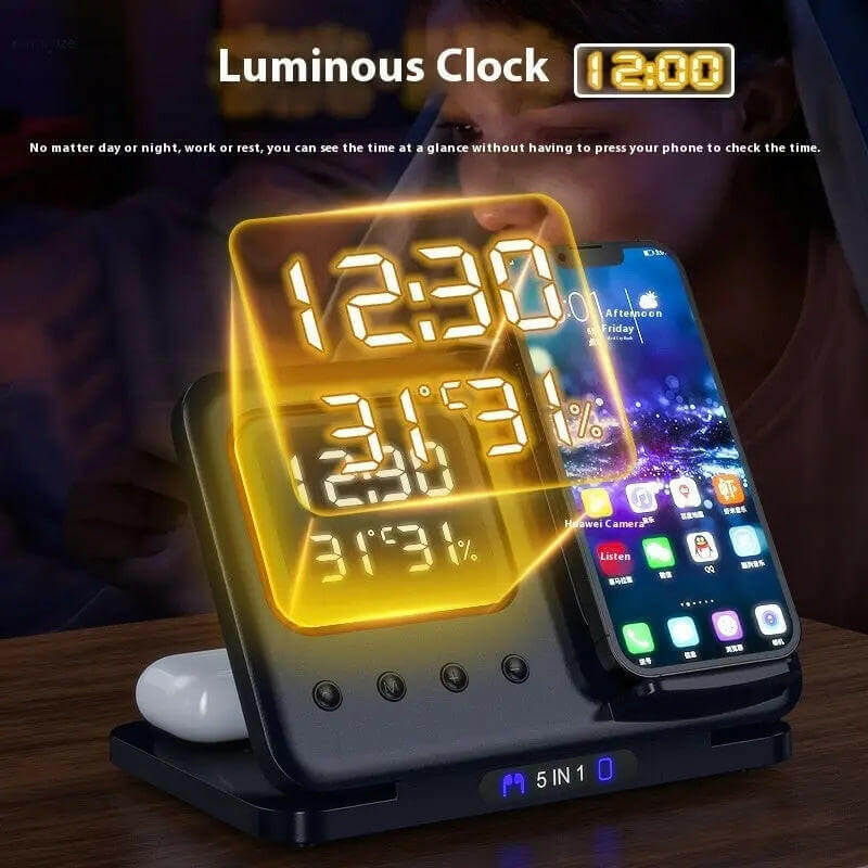 15W Fast Wireless Charger Stand 5-in-1 – LED Digital Alarm Clock, Qi-Certified Charging Dock for iPhone, Samsung, AirPods, Smartwatch – with Time, Temp & Humidity Display (Black/White) - Uncategorized,
