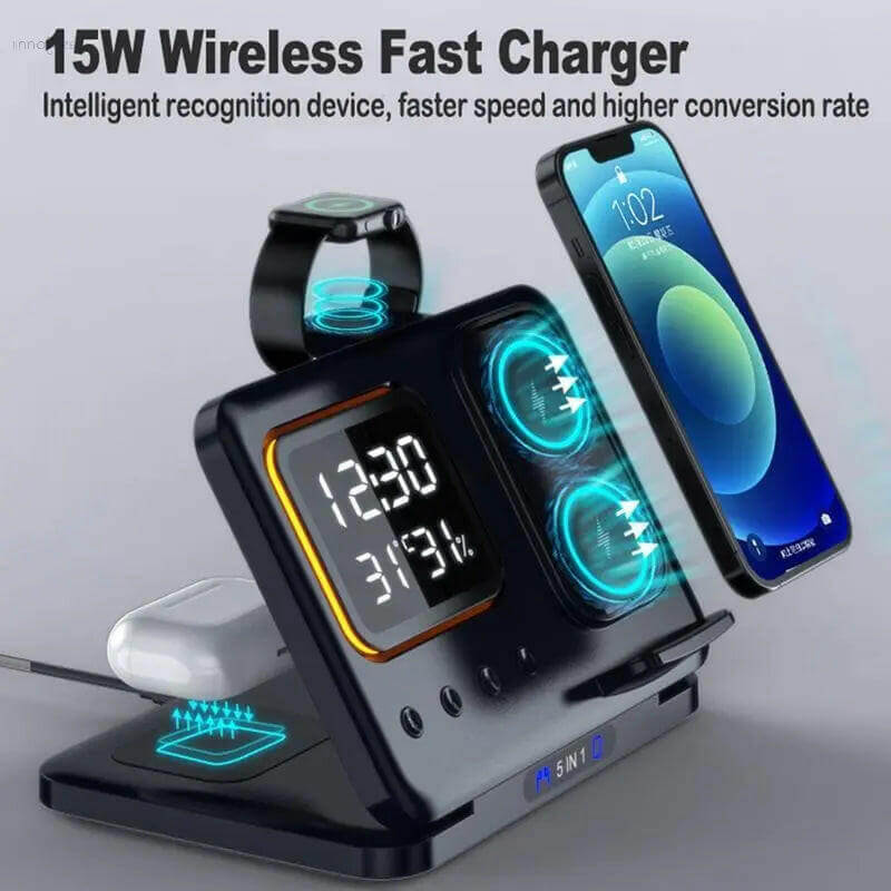 15W Fast Wireless Charger Stand 5-in-1 – LED Digital Alarm Clock, Qi-Certified Charging Dock for iPhone, Samsung, AirPods, Smartwatch – with Time, Temp & Humidity Display (Black/White) - Uncategorized,