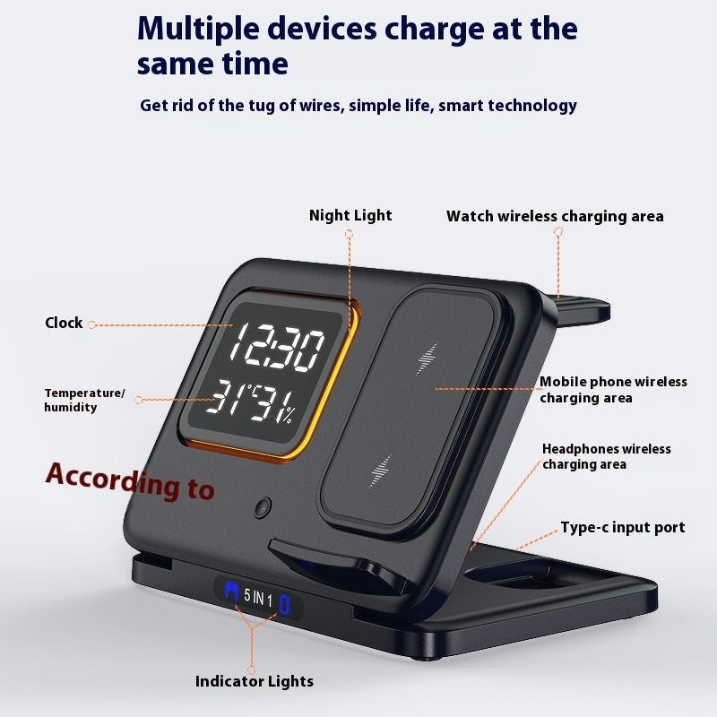 15W Fast Wireless Charger Stand 5-in-1 – LED Digital Alarm Clock, Qi-Certified Charging Dock for iPhone, Samsung, AirPods, Smartwatch – with Time, Temp & Humidity Display (Black/White) Innofuze