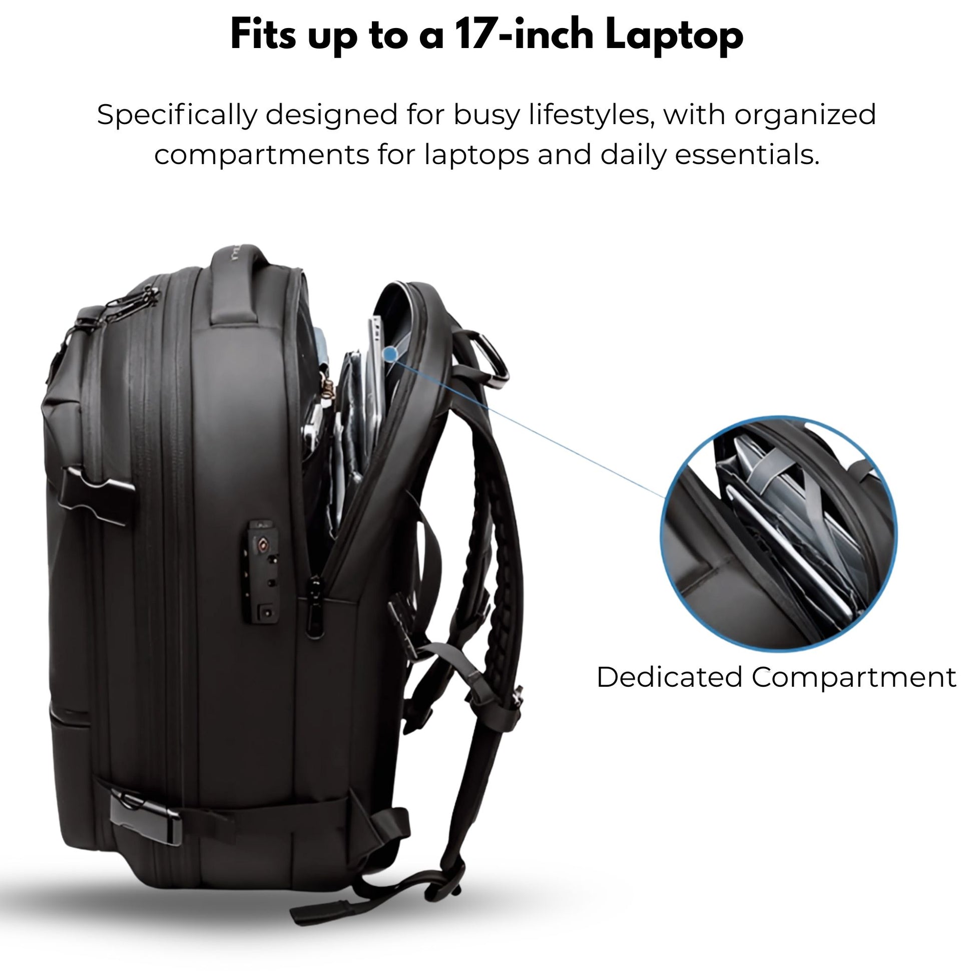 Specifically designed for busy lifestyles with organized compartments for laptops and daily essentials.