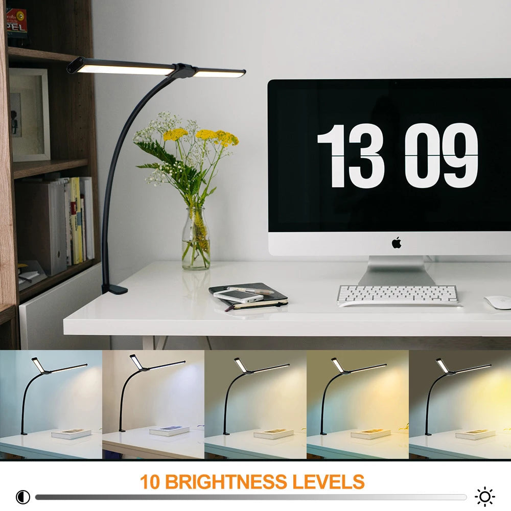 Home Office LED Desk Lamp Double Head Steoless Dimming Eye-Caring Reading Lights 3 Color Mode Flexible Adjustable PC Table Lamps Innofuze