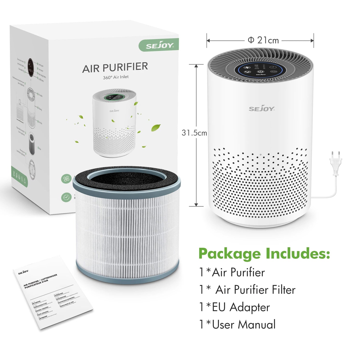 True HEPA Air Purifier Hepa Filter,4 Speeds,Timers Ionizer Cold Plasma 360° Air Inlet 99.9% Removal Rate For Indoor Bedroom Innofuze