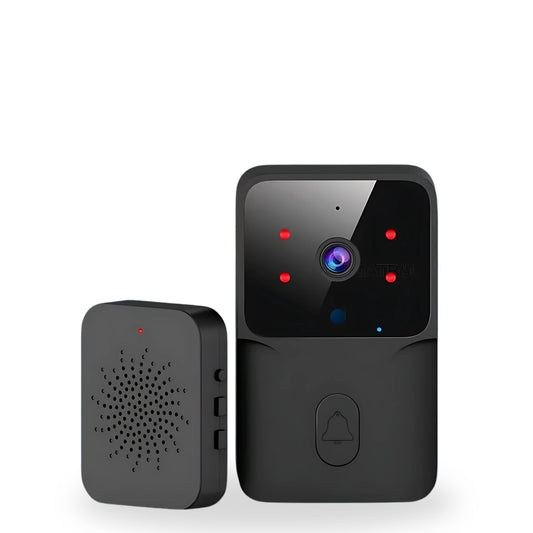Black smart video doorbell with two-way audio and rechargeable battery, compatible with Alexa and ADT.