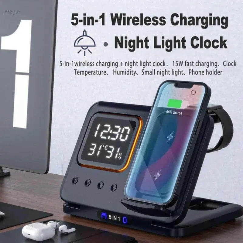 15W Fast Wireless Charger Stand 5-in-1 – LED Digital Alarm Clock, Qi-Certified Charging Dock for iPhone, Samsung, AirPods, Smartwatch – with Time, Temp & Humidity Display (Black/White) - Uncategorized,