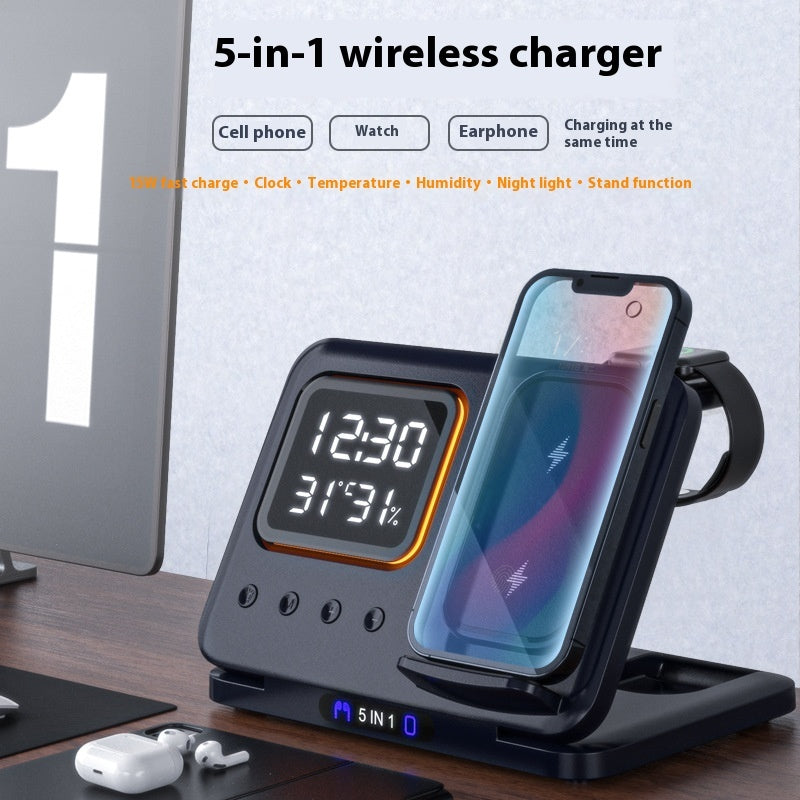 15W Fast Wireless Charger Stand 5-in-1 – LED Digital Alarm Clock, Qi-Certified Charging Dock for iPhone, Samsung, AirPods, Smartwatch – with Time, Temp & Humidity Display (Black/White) Innofuze