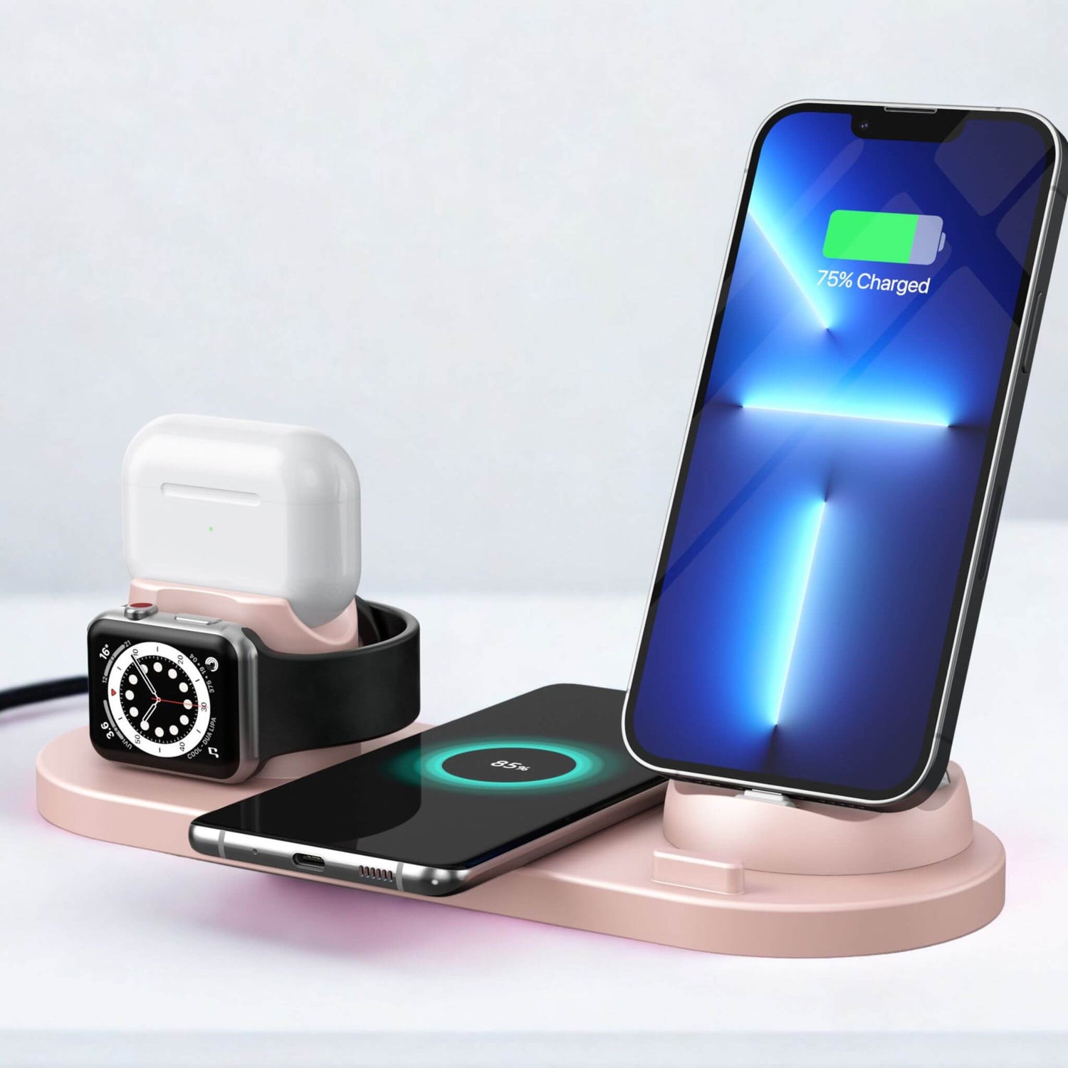 Desk setup with Innofuze 6-in-1 charging dock powering iPhone, Apple Watch, and AirPods without cable mess.