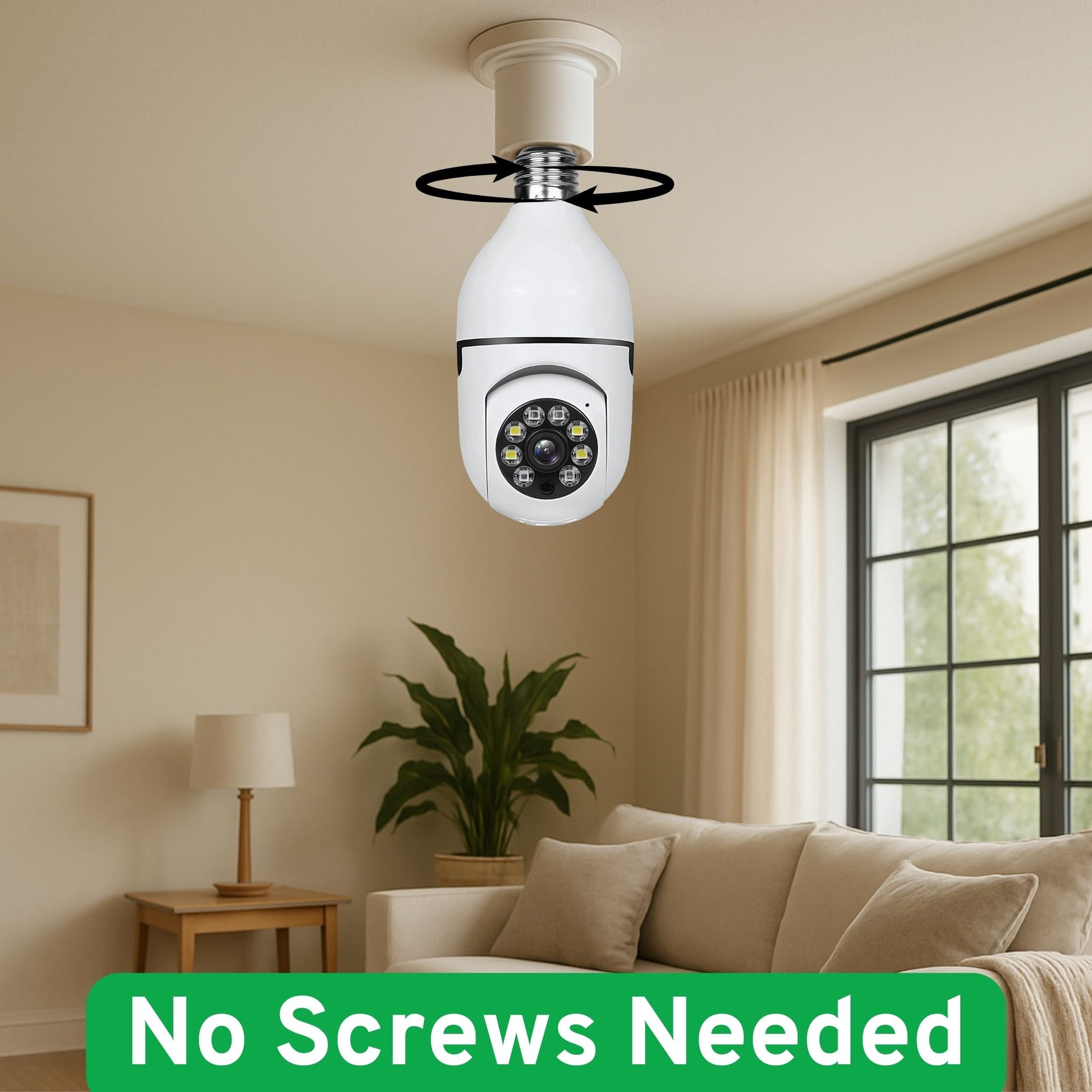 Innofuze light bulb camera installed in living room setting, providing discreet and stylish smart home security monitoring.
