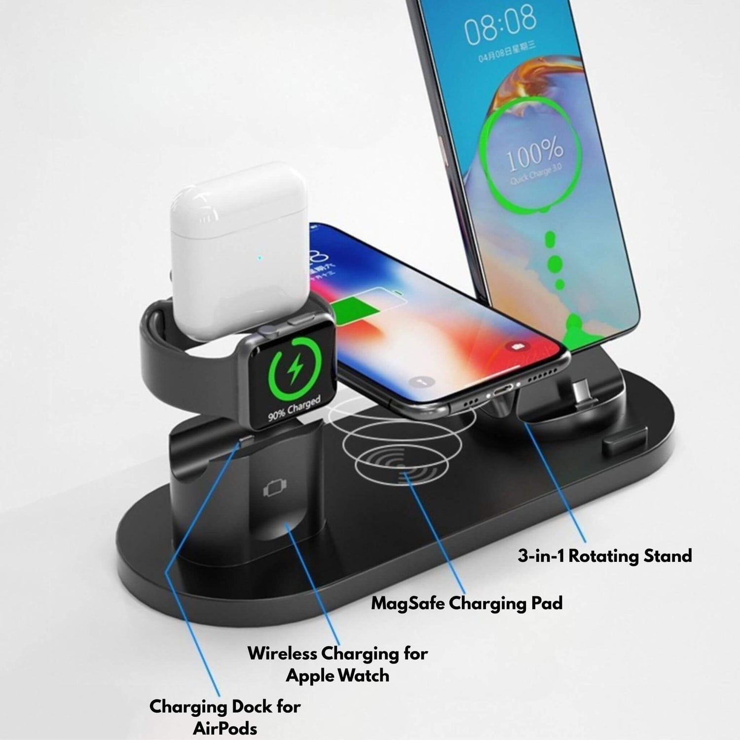 MagSafe iPhone aligning magnetically on Innofuze wireless charging dock.
