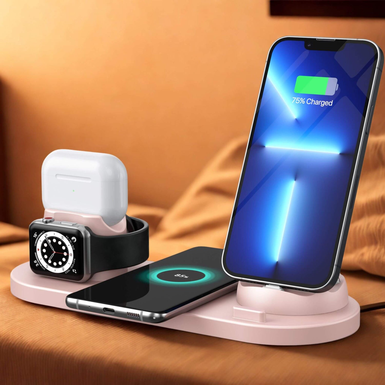 Innofuze charger on nightstand charging Apple devices at night.