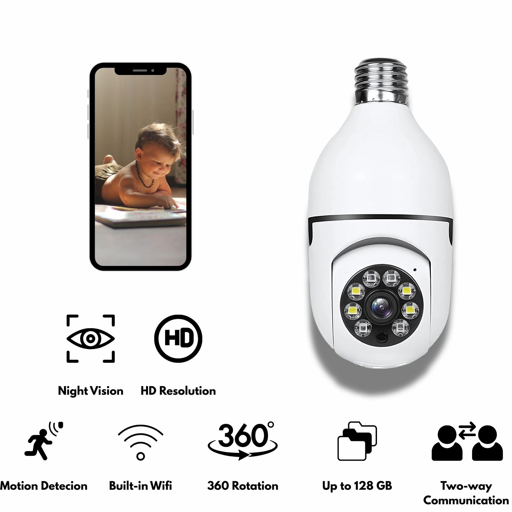 Highlighted features of Innofuze smart WiFi bulb camera including 360° view, motion alerts, night vision, and SD storage.