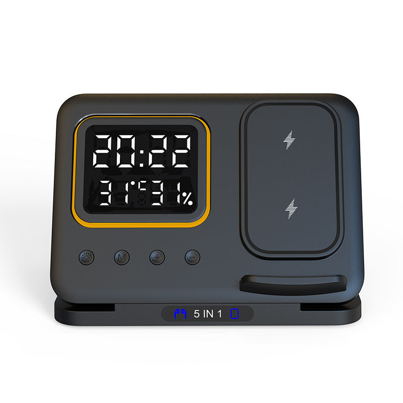 15W Fast Wireless Charger Stand 5-in-1 – LED Digital Alarm Clock, Qi-Certified Charging Dock for iPhone, Samsung, AirPods, Smartwatch – with Time, Temp & Humidity Display (Black/White) Innofuze