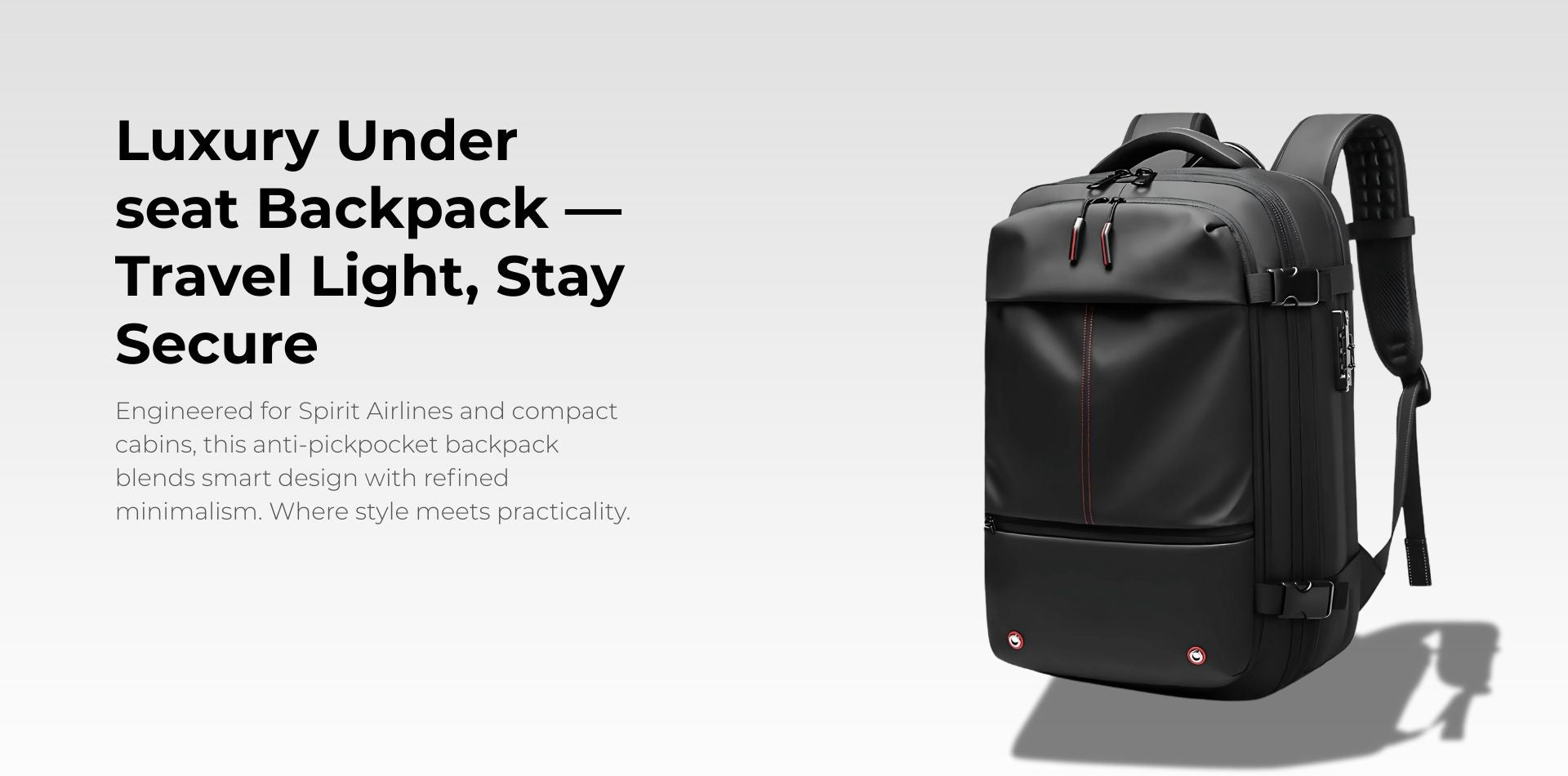 Compact luxury travel backpack that fits under airplane seats with anti-pickpocket design and Spirit Airlines size compliance