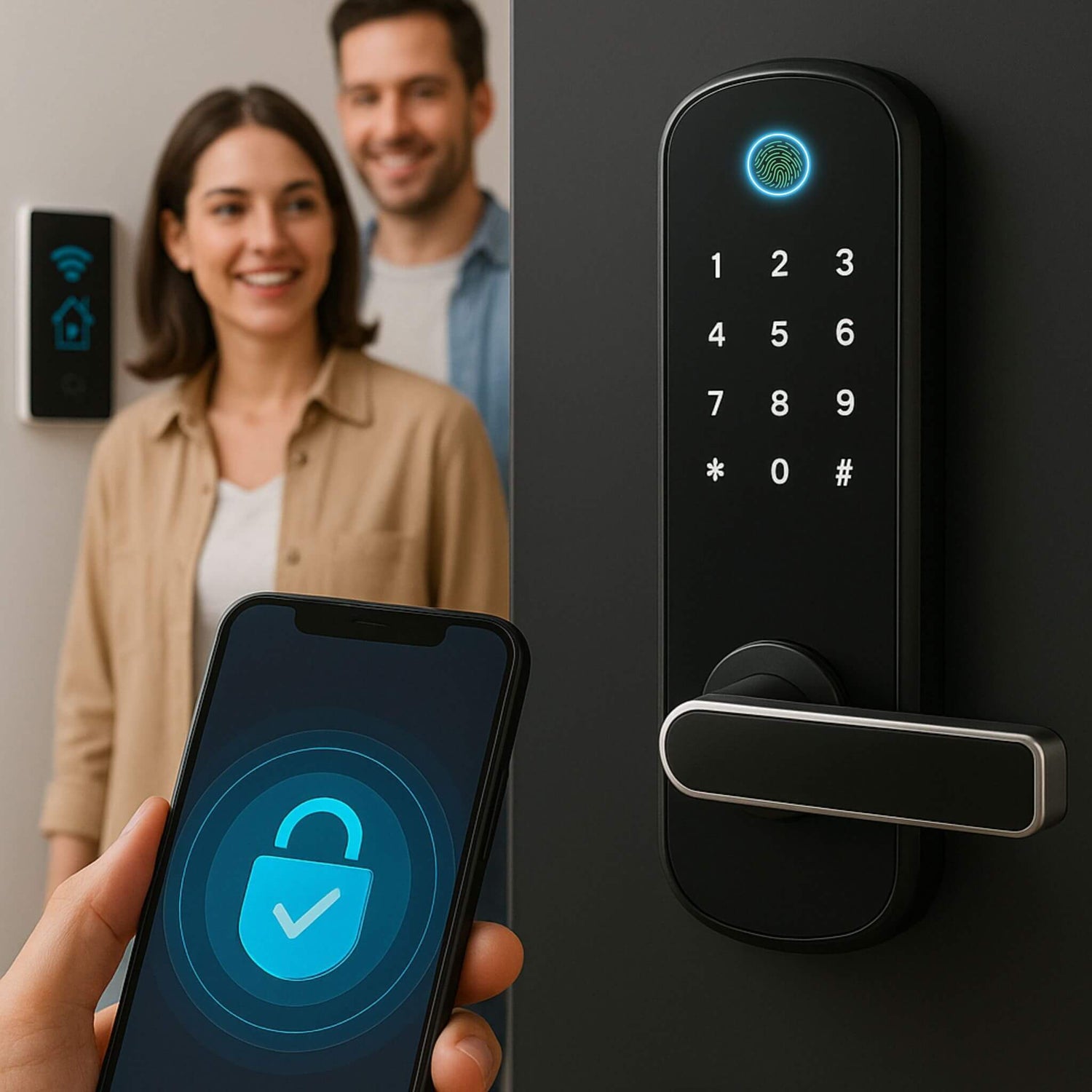 Secure smart door lock with encrypted app access and mechanical backup key