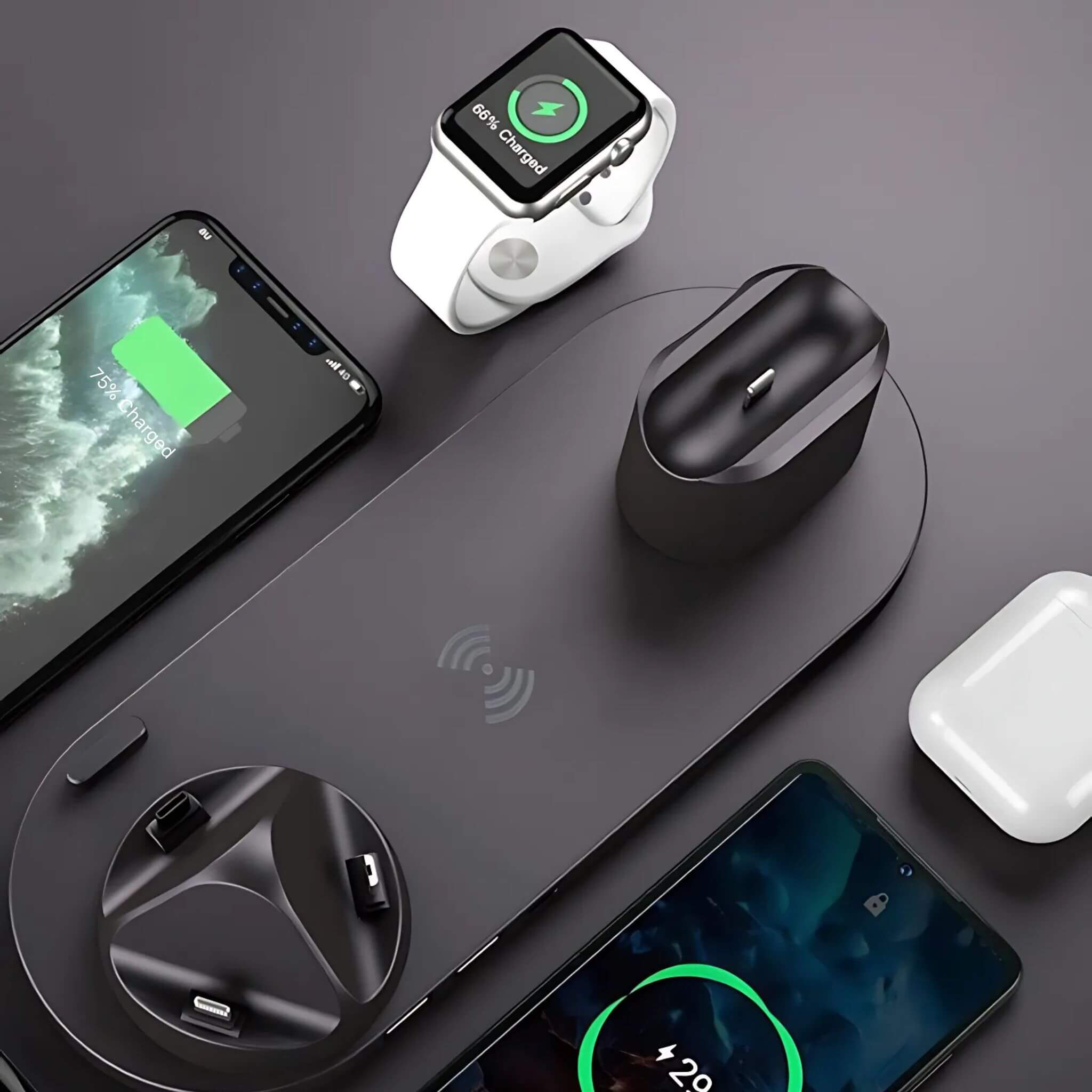 Compact 6-in-1 wireless charging station designed to save space and fit easily in travel bags.