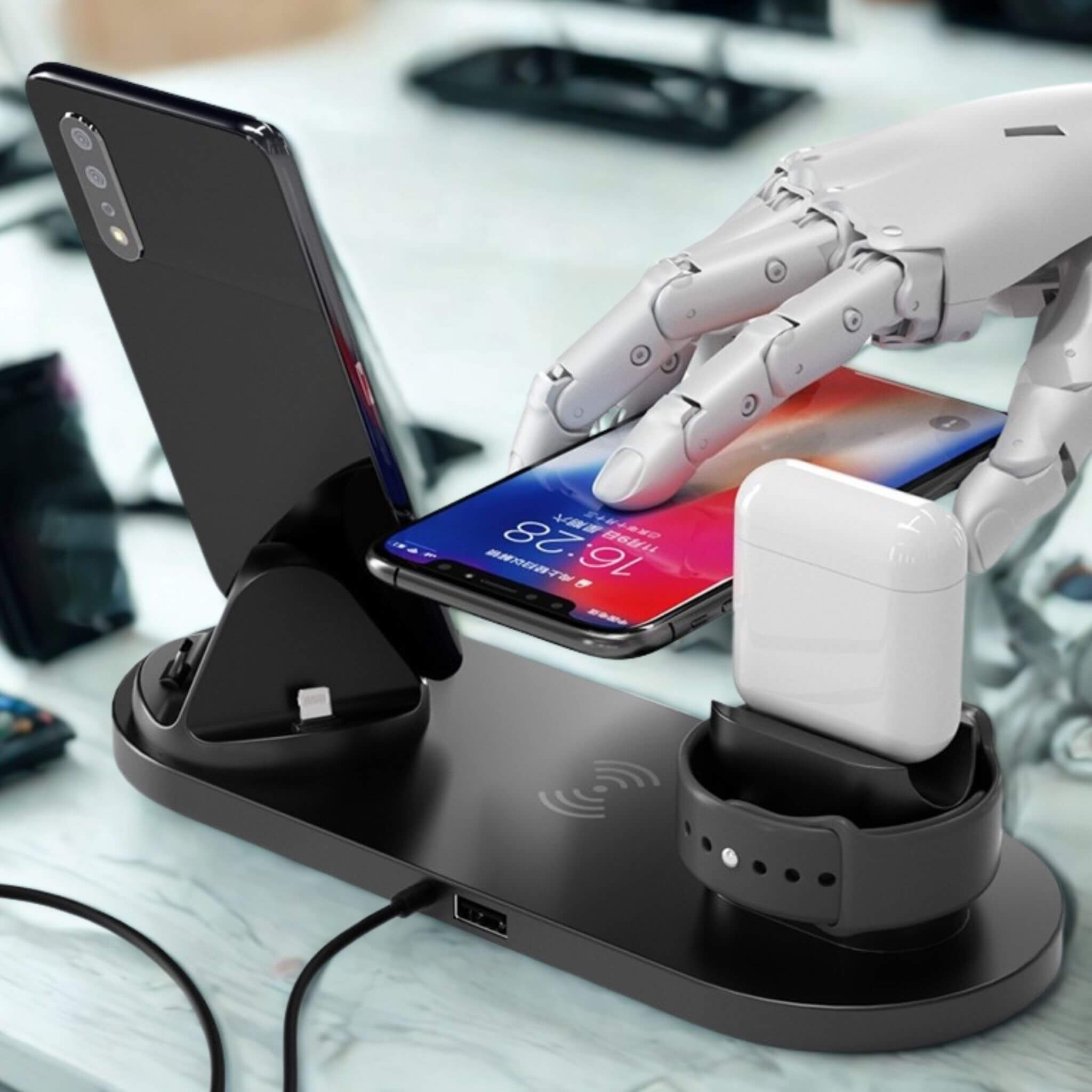 Qi-certified 6-in-1 wireless charging station safely powering iPhone, Apple Watch, and AirPods without overheating.