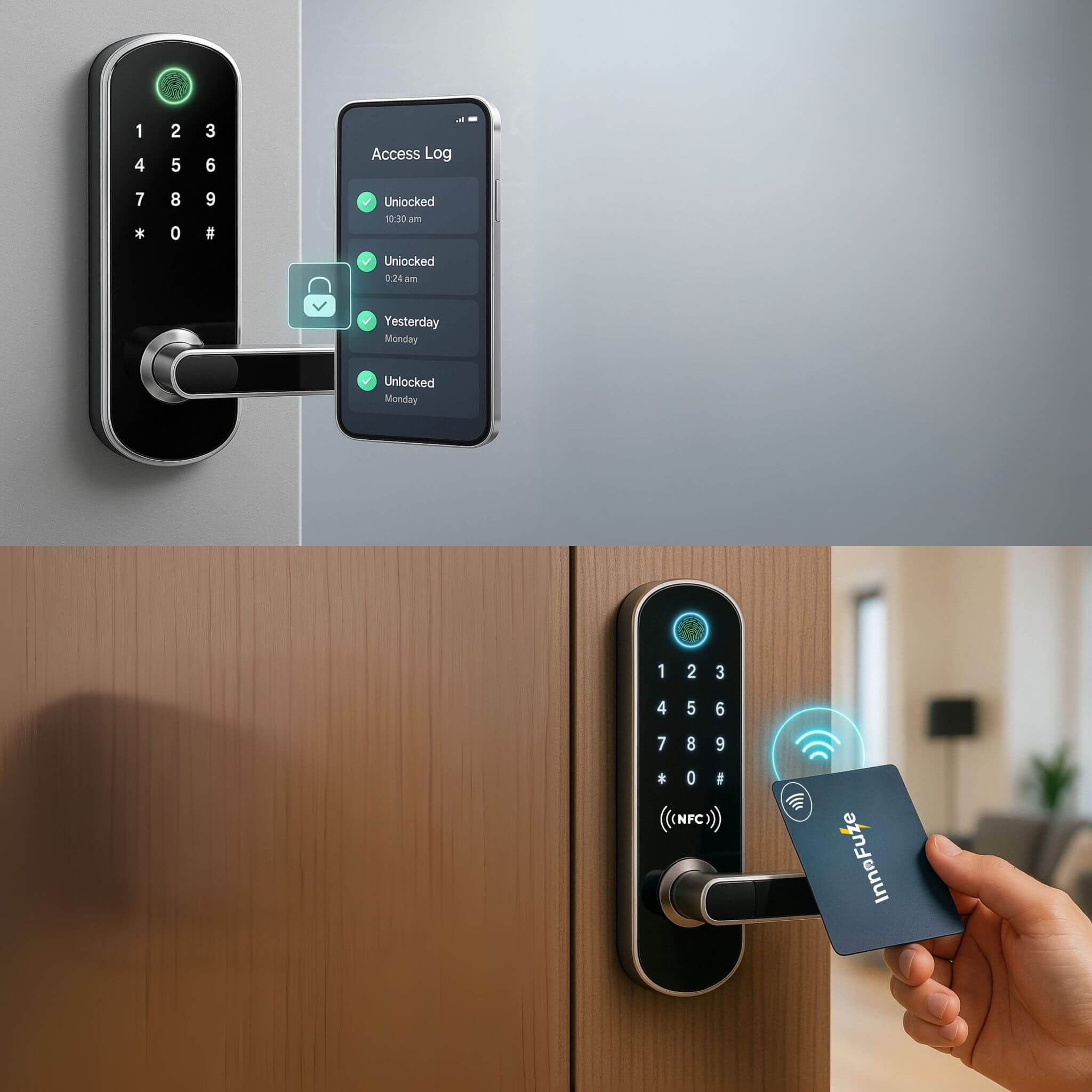 Wi-Fi smart door lock with NFC and mobile app control for remote access and user management
