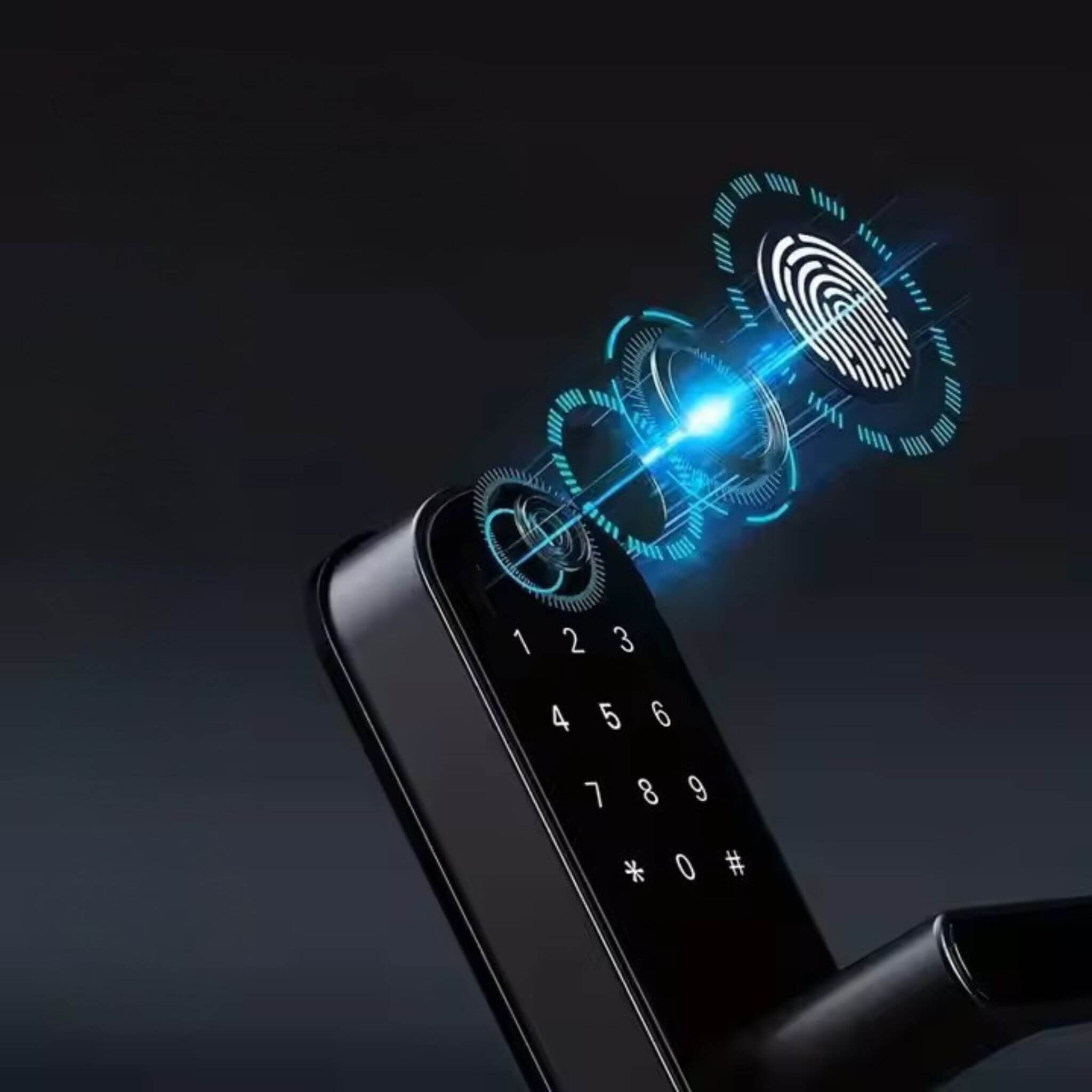 Smart fingerprint door lock scanning biometric fingerprint with glowing sensor