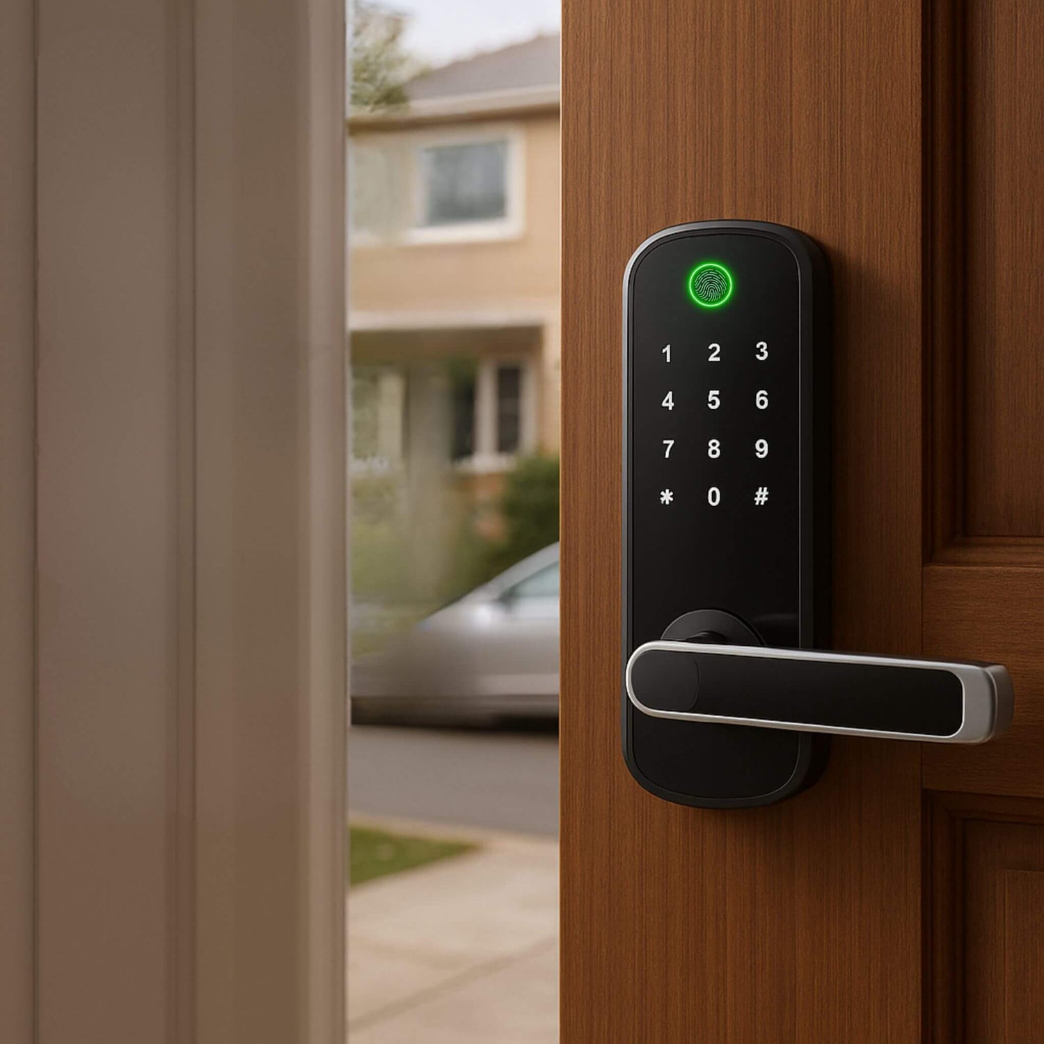 Smart fingerprint door lock with app, fingerprint, and NFC unlock features shown in use