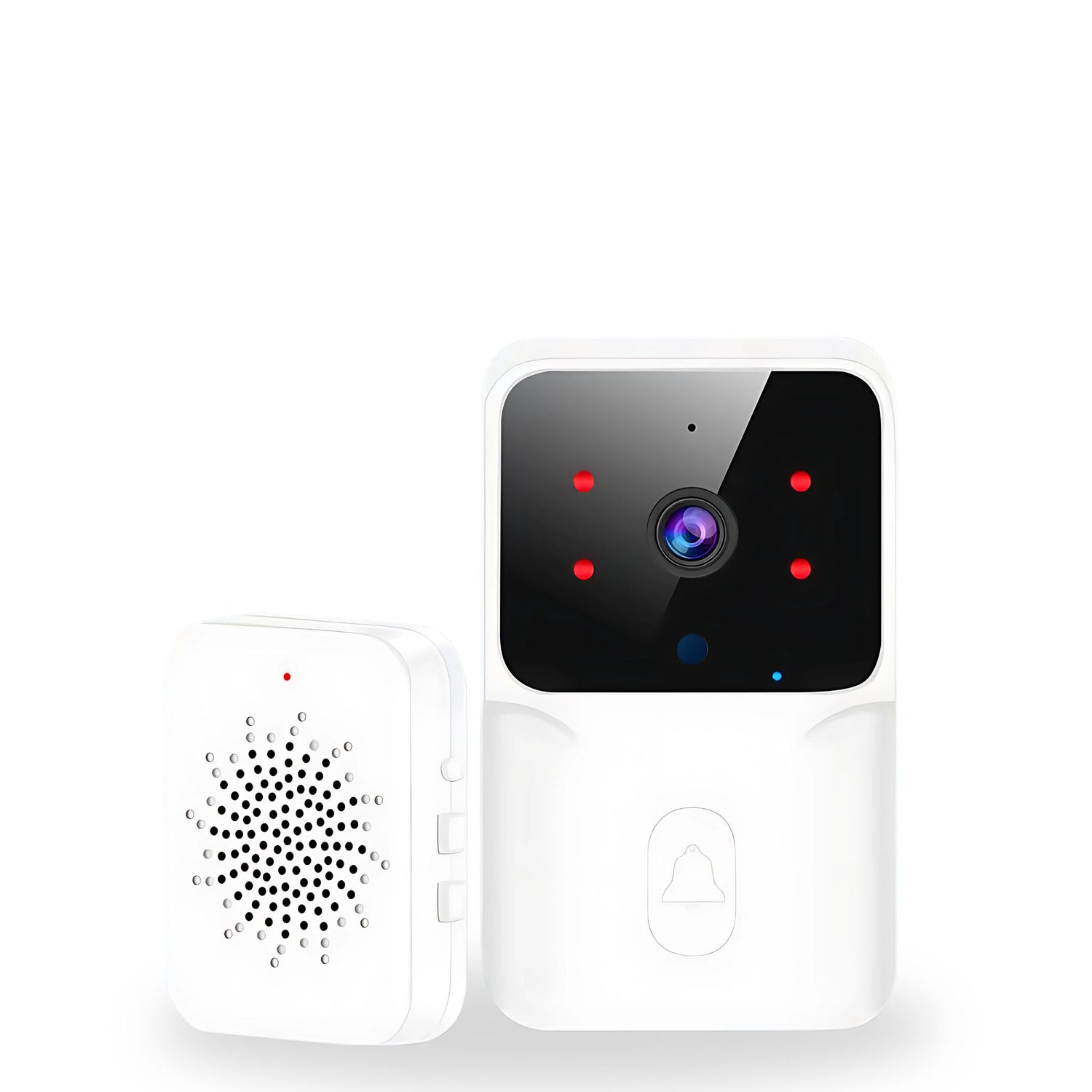Color options for wireless smart video doorbells in black and white, featuring night vision and audio.