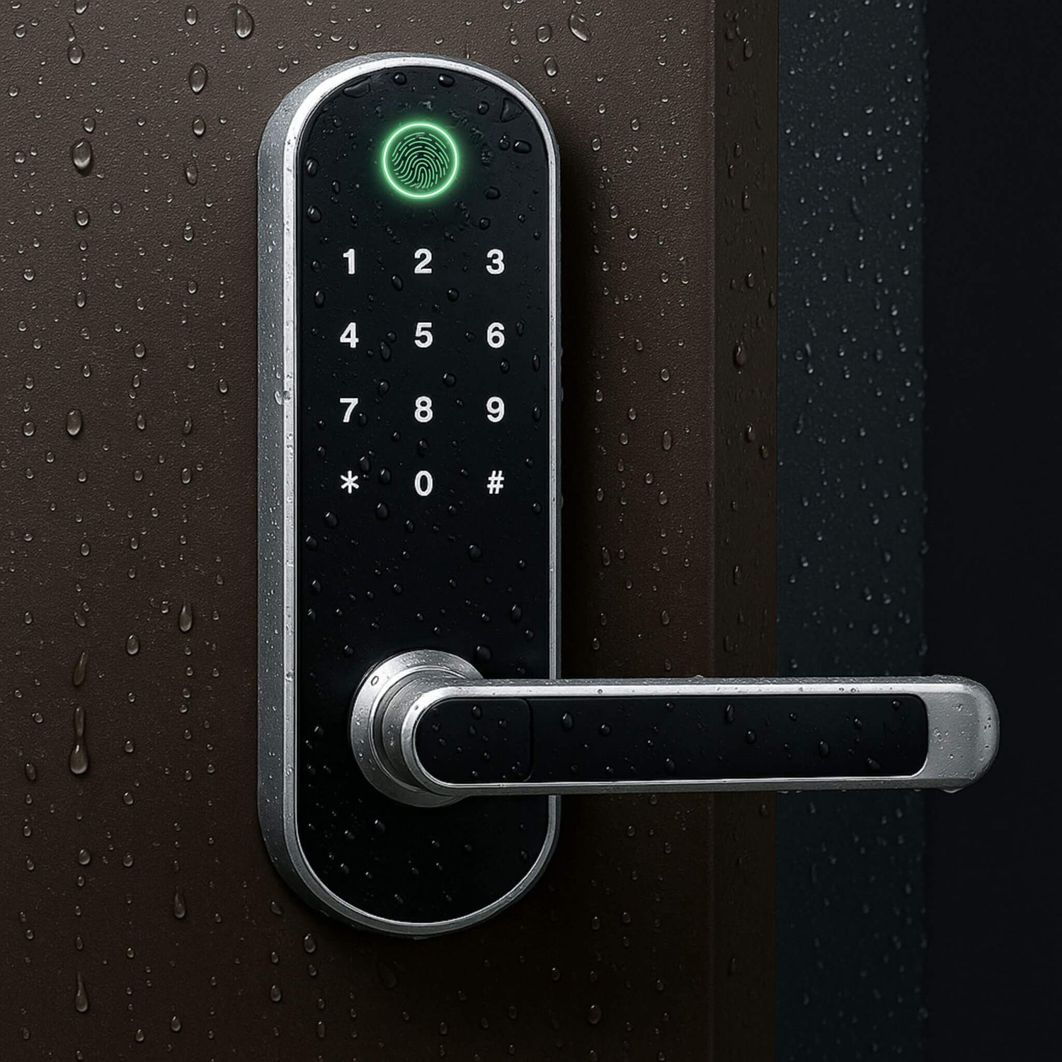 IP67 waterproof fingerprint door lock on modern door, showing aluminum build and certifications